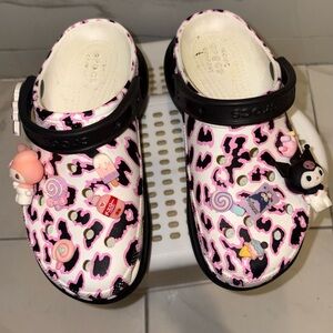 CROCS Pink and Black Animal Print Clogs with Fun Charms